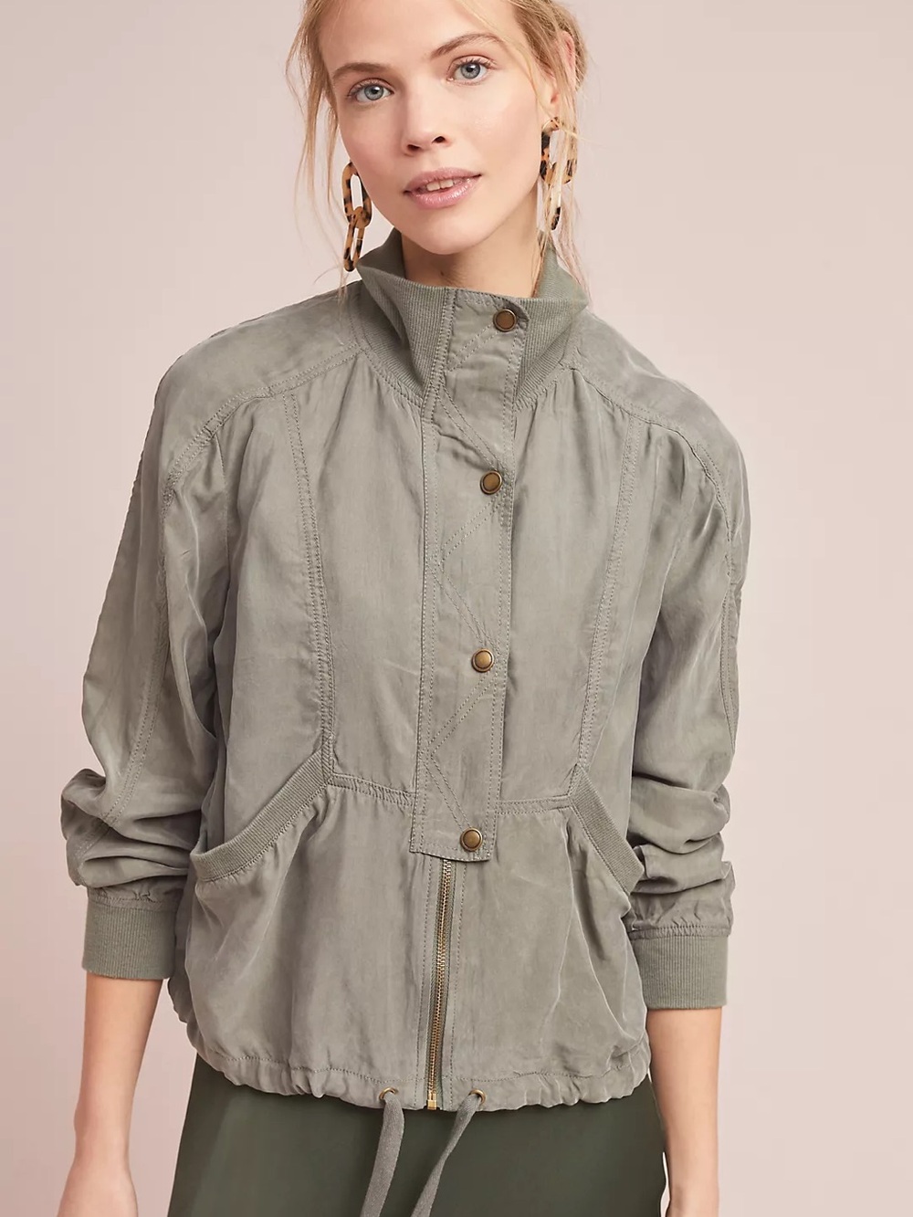 MARRAKECH Anthropologie Tan Draped Jacket Utility Zip-Front Jacket